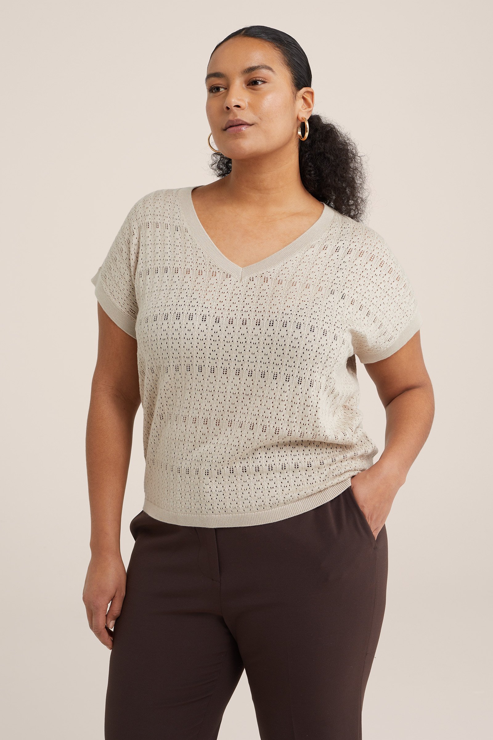 trui met opengwerkt dessin - Curve WE Fashion Beige