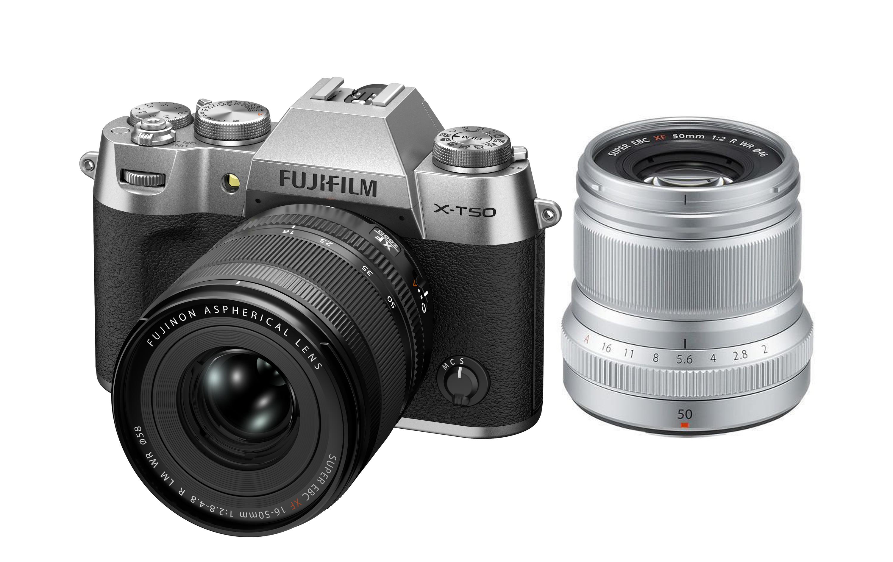 Fotokamera X-T50 Silver Kit XF 16-50mm + 50mm<br>Kompakte Systemkamera mit 40.2-Megapixel-Sensor, 6.2K-Video und Filmsimulations-Einstellrad