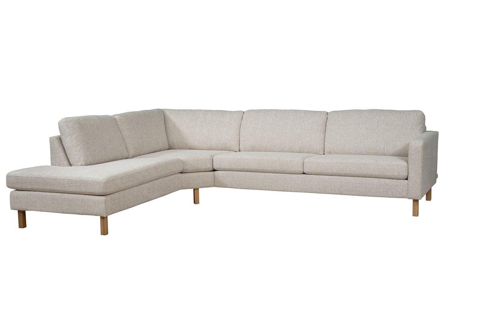 Mandal hjørnesofa Oppsett RVB. 3-seter med åpen ende venstre. Big hjørnemodul. Tekstil Nivus 203 Lin Creme. Arm 16, Duo puter, Firkantet ben 16 cm Natur. Skum