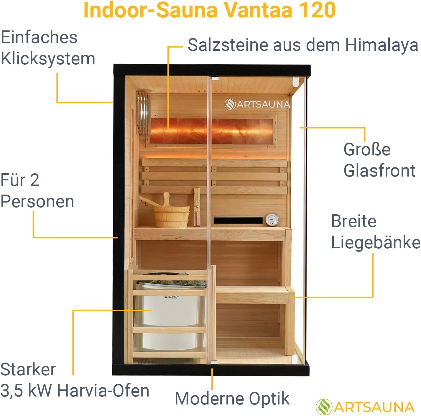 Artsauna Saunakabine Vantaa 120 mit Salzstein - Indoor Sauna 2 Personen - 3,5k W Ofen, Glasfront, LED Licht, Thermometer & Sanduhr - Komplett Set