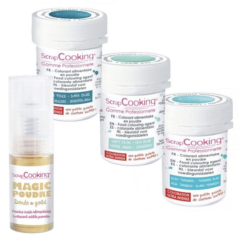 Kit de colorants alimentaires Bleu des mers + 1 poudre irisée dorée Sc