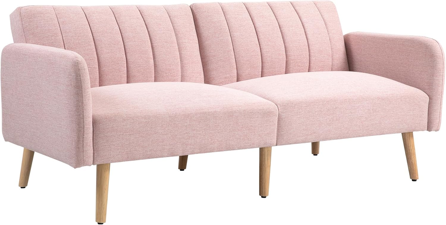 HOMCOM 2-Sitzer-Convertible-Sofa Skandinavisches Design Rückenlehne verstellbar 3 Positionen Füße Holz Stoff Leinenoptik Rosa