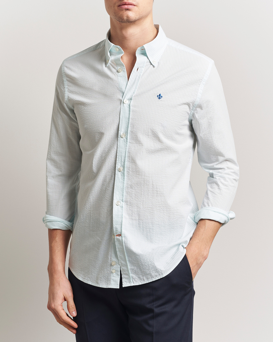 Morris Slim Fit Striped Seersucker Shirt Turquoise