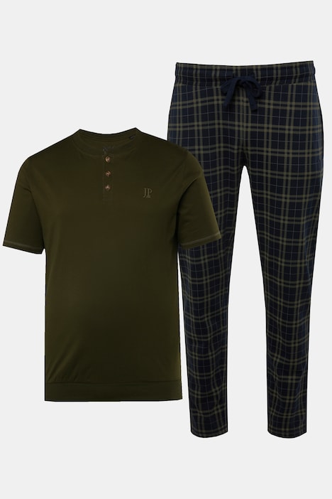 JP 1880 Schlafanzug, Bauchfit, Henley-Shirt, Halbarm, karierte Hose, bis 8 XL