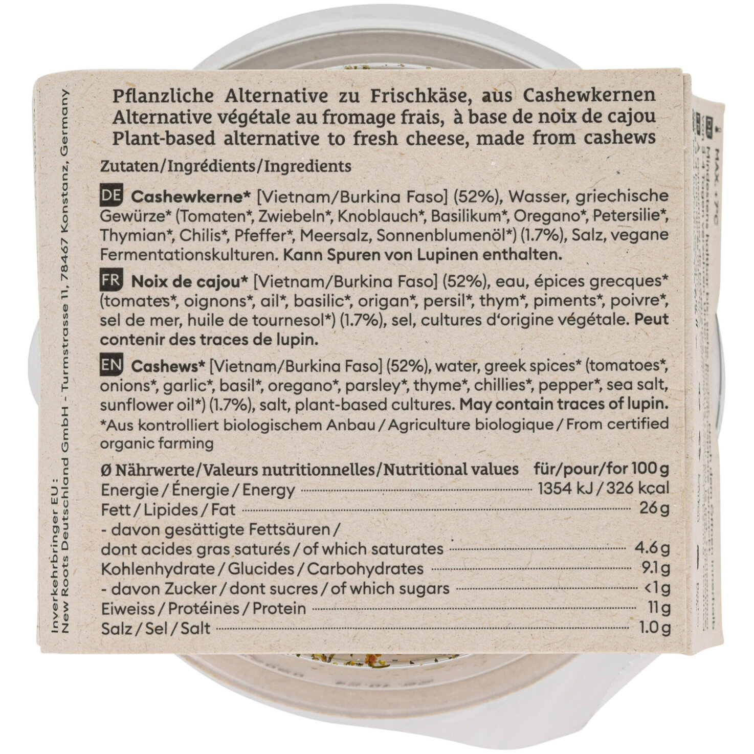 New Roots vegane alternative zu Frischkäse Cashew-Greek Style