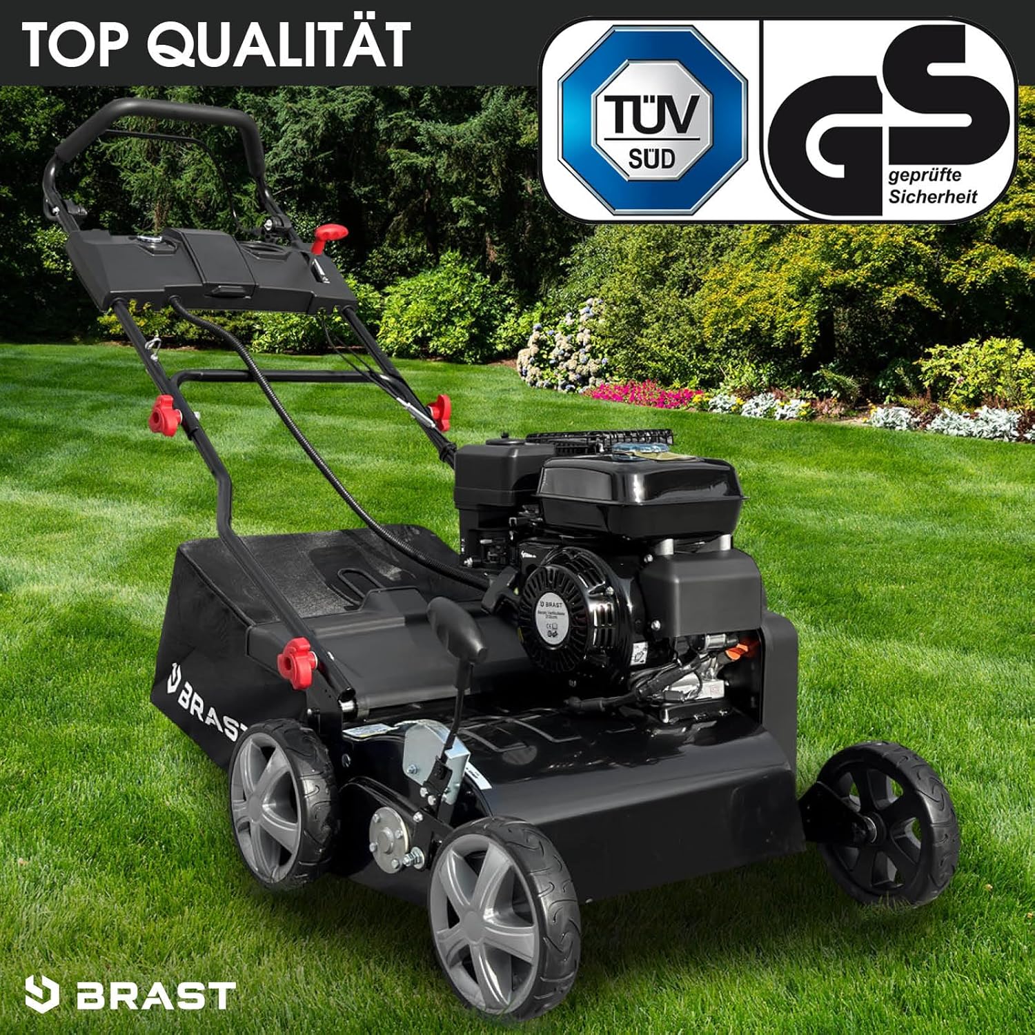 BRAST® Vertikutierer Benzin 4,5kW (6,12PS) | 4-Takt Motor 212ccm | 40-45cm Arbeitsbreite | TÜV geprüft | 50L Fangkorb | viele Modelle für kleine bis sehr große Rasenflächen | BRB-RV-45212 Estart