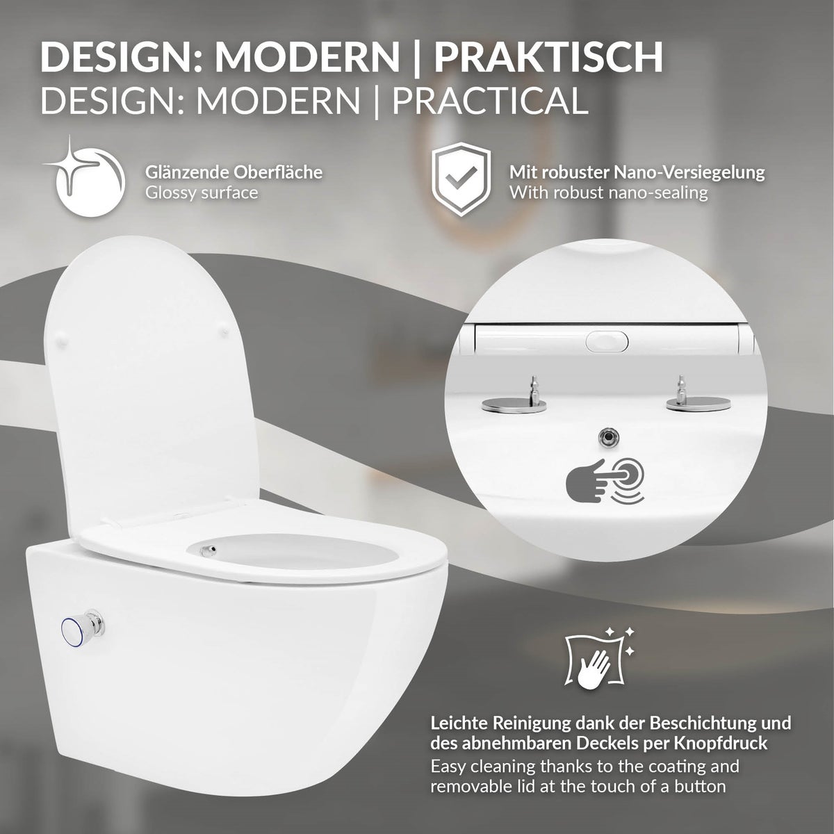 ECD Germany Randloos wandcloset, 52 cm lang, wit met bidetfunctie, nanocoating, keramisch wandcloset met afneembare Duroplast-zitting, softclose-mechanisme, diepspoeltoilet met lotuseffect