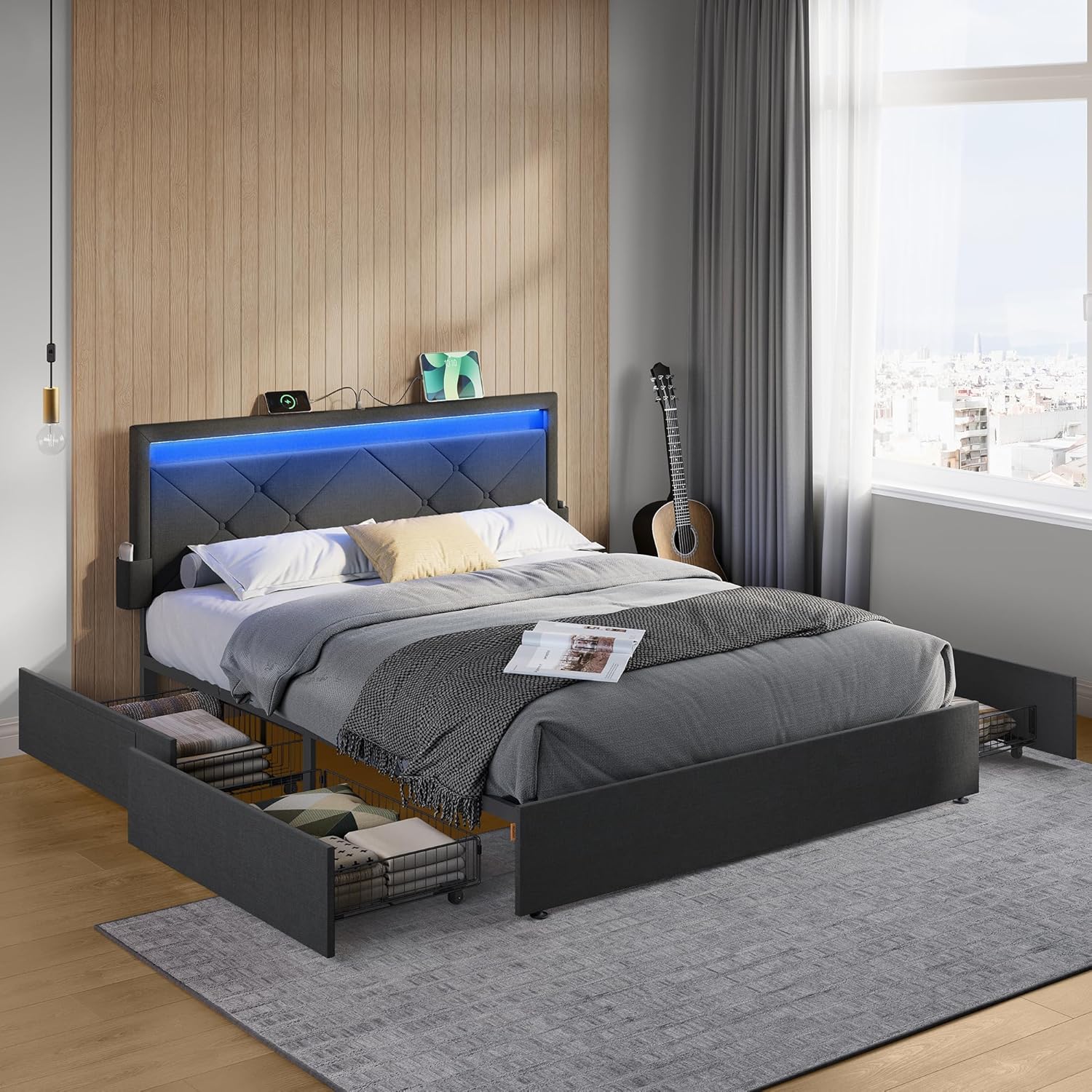 VASAGLE Doppelbettgestell, Bettgestell, 160 x 200 cm, LED, Metallbett, 4 Schubladen, Ladestation, verstellbares gepolstertes Kopfteil, schiefergrau-Mattschwarz RMB828G02
