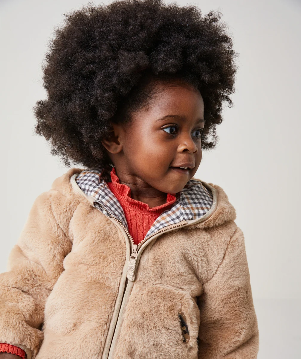 BLOUSON À CAPUCHE BÉBÉ FILLE IMITATION FOURRURE BEIGE