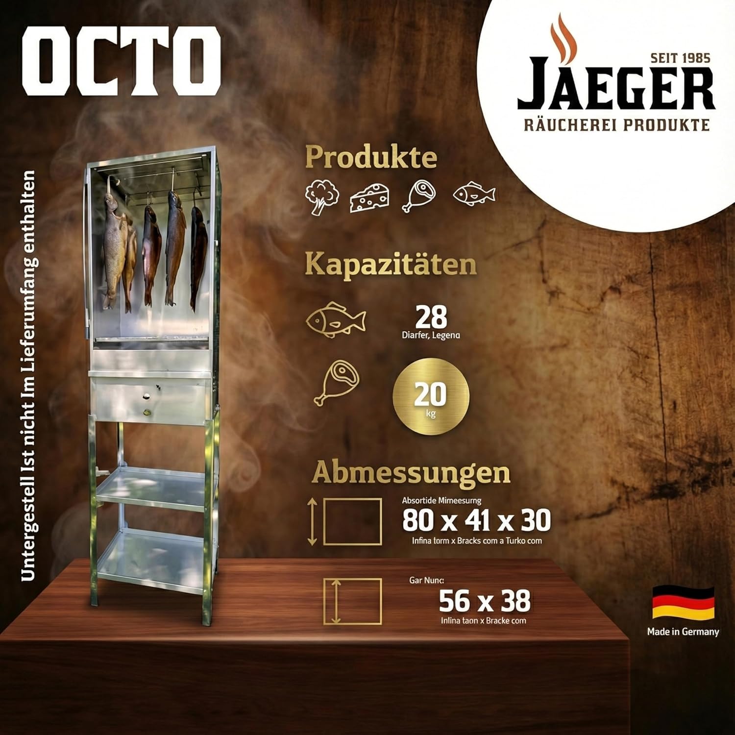 Räucherofen Edelstahl OCTO 80x40x27 cm mit 250°C Thermometer, Flachrost, Tropfblech, Räuchermehlschale & 500 g Räuchermehl – stufenlose Lüftung (Art.-Nr. 10128)