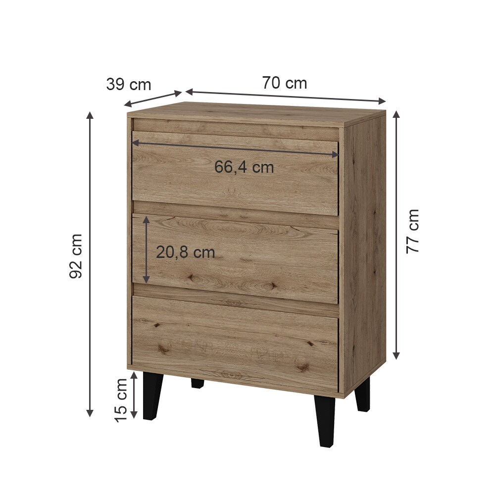 Vicco Sideboard Bahia Eiche 70 x 92 cm mit 3 Schubladen