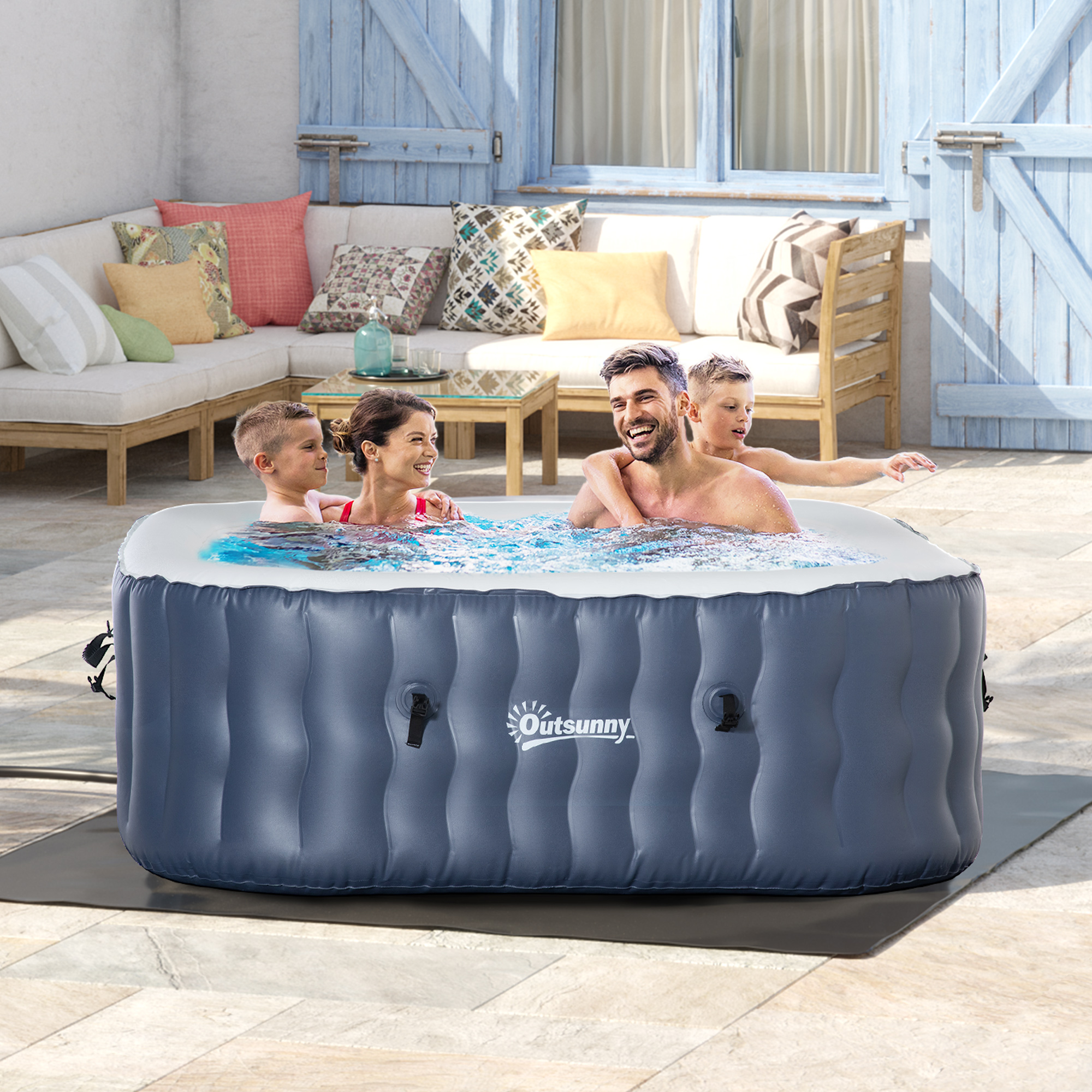 Spa inflável quadrado Outsunny para 4 pessoas, 930L, banheira de hidromassagem externa, 180x180x68 cm, com 108 jatos de massagem, controle remoto e capa protetora - Azul