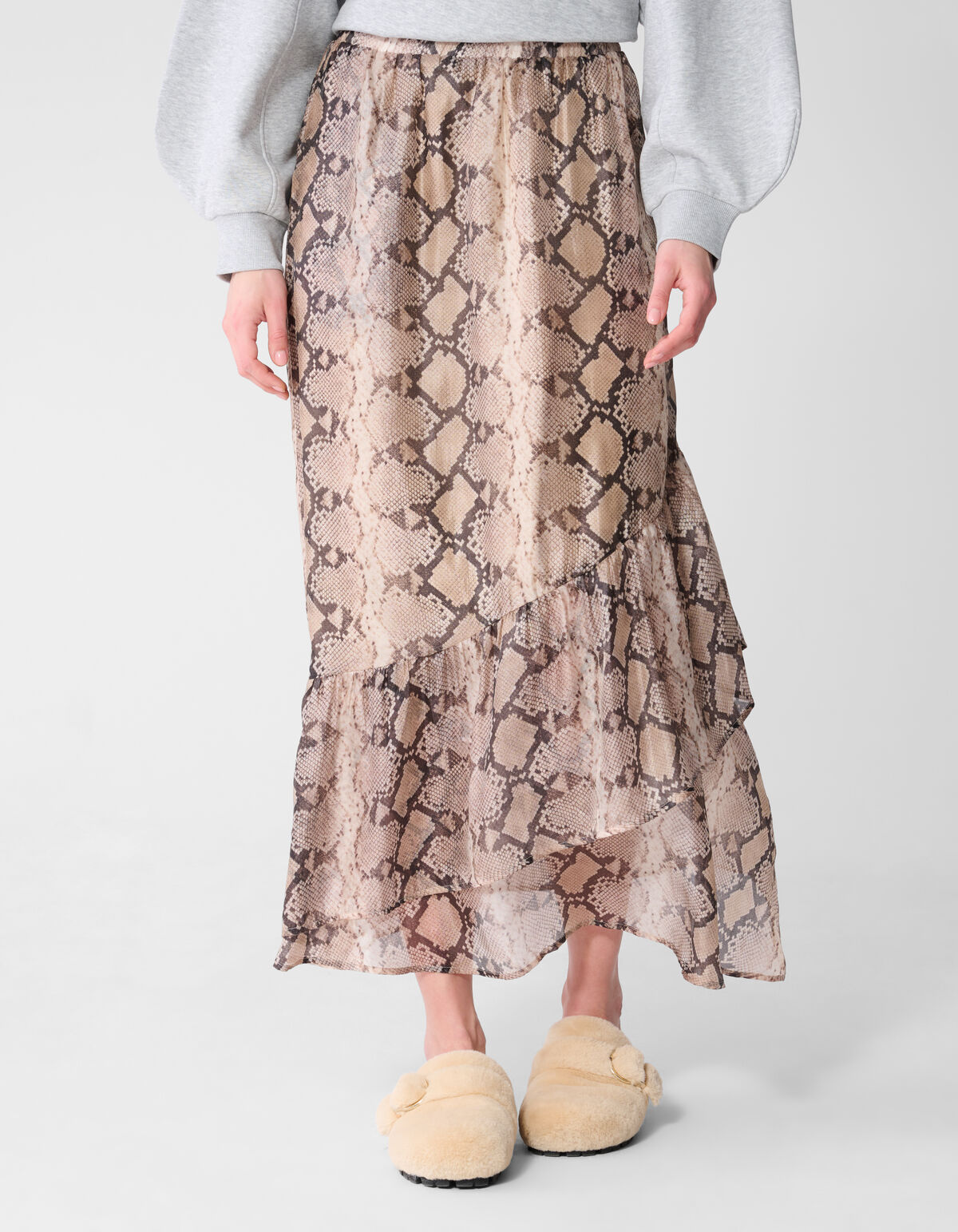 Snake Ruffle Maxi Rok Lichtbruin