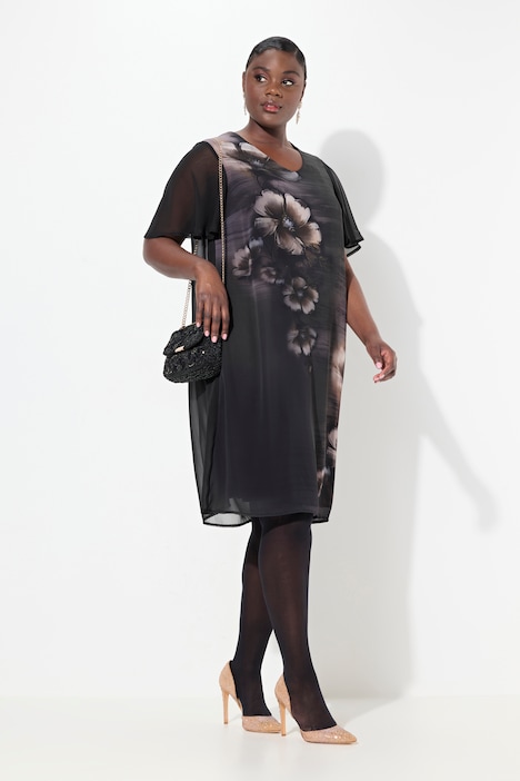Kleid, Blüten, A-Linie, V-Ausschnitt, Cup-Halbarm