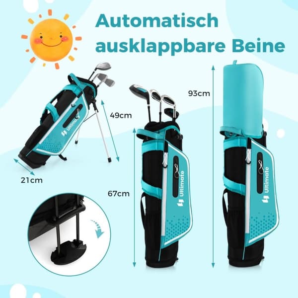 4-delt barnegolfkøllesett med golfbag og regntrekk for barn i alderen 8-10 år blå