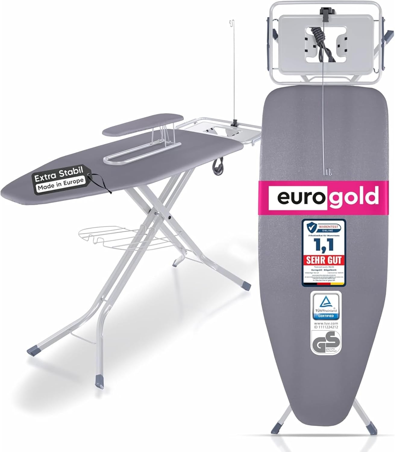 EUROGOLD Bügelbrett für Dampfbügelstation 130x48 cm – Bügelbrett XXL mit Steckdose, höhenverstellbarer Bügeltisch klappbar, mit Ärmelbrett & Bügeleisenablage, Oeko-TEX Baumwollbezug (Grey)
