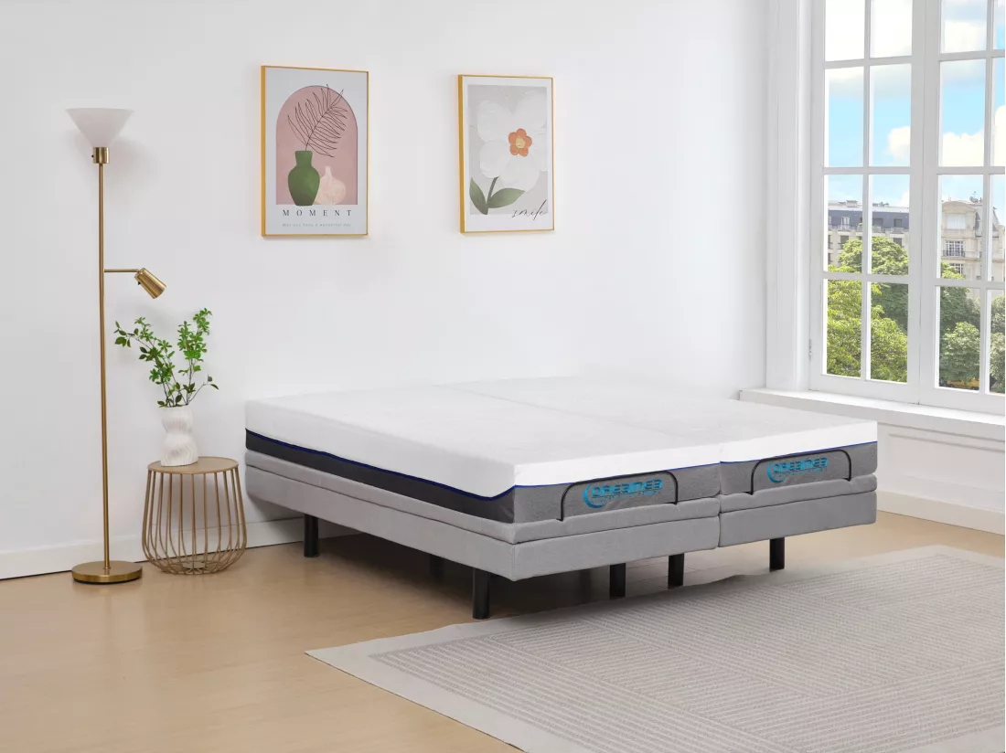 Lit électrique de relaxation déco + matelas mémoire de forme - 2 x 80 x 200 cm - Tissu - Gris - MENASINA de YSMÉE