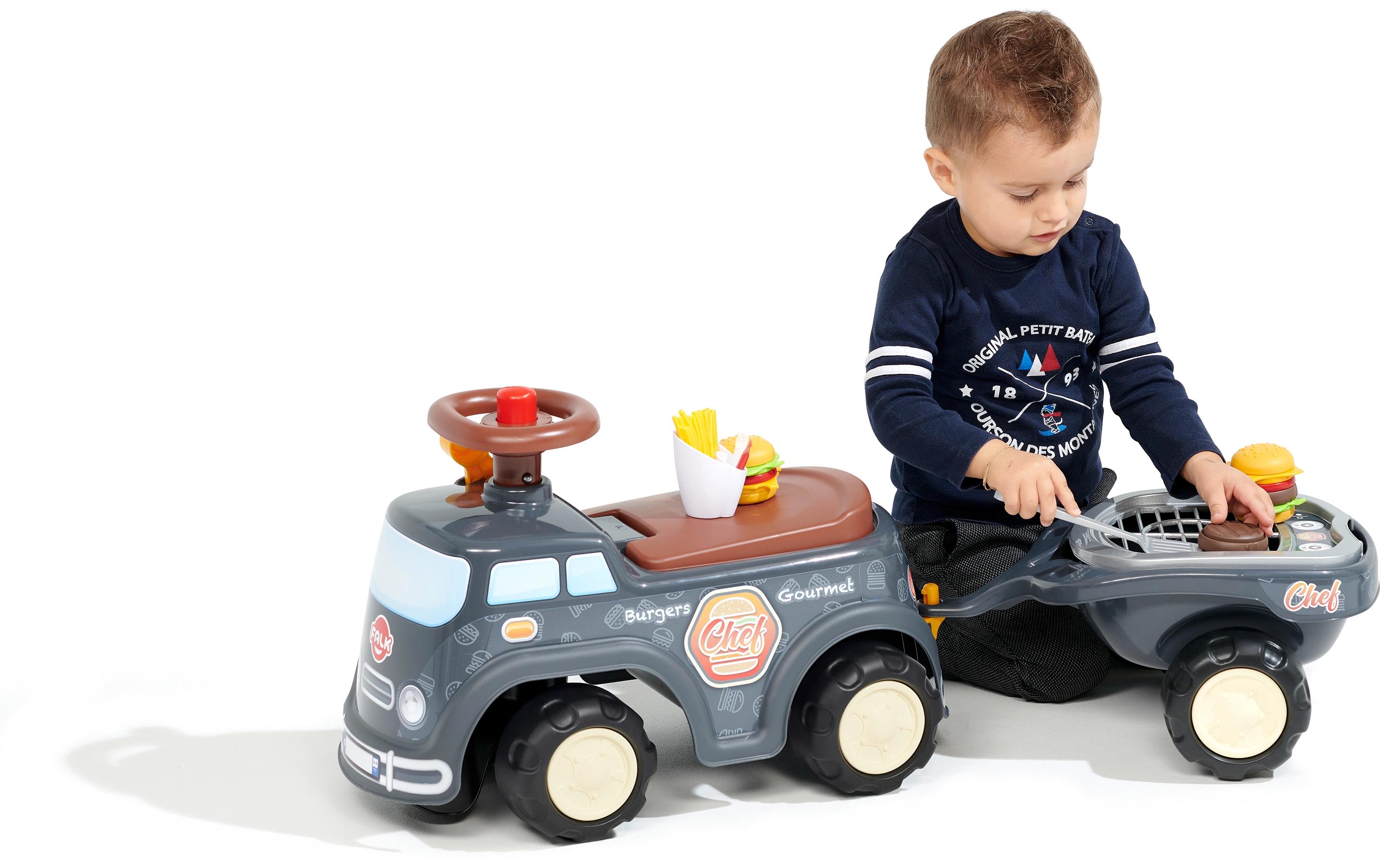 Rutschfahrzeug Food Truck + Anh.Forwarder mit aufklappbarer Sitzfläche, Lenkrad mit Hupe, Anhänger und Zubehör