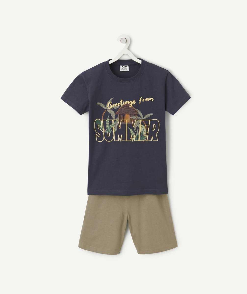 pyjama manches courtes garçon en coton bio bleu et kaki thème tropique