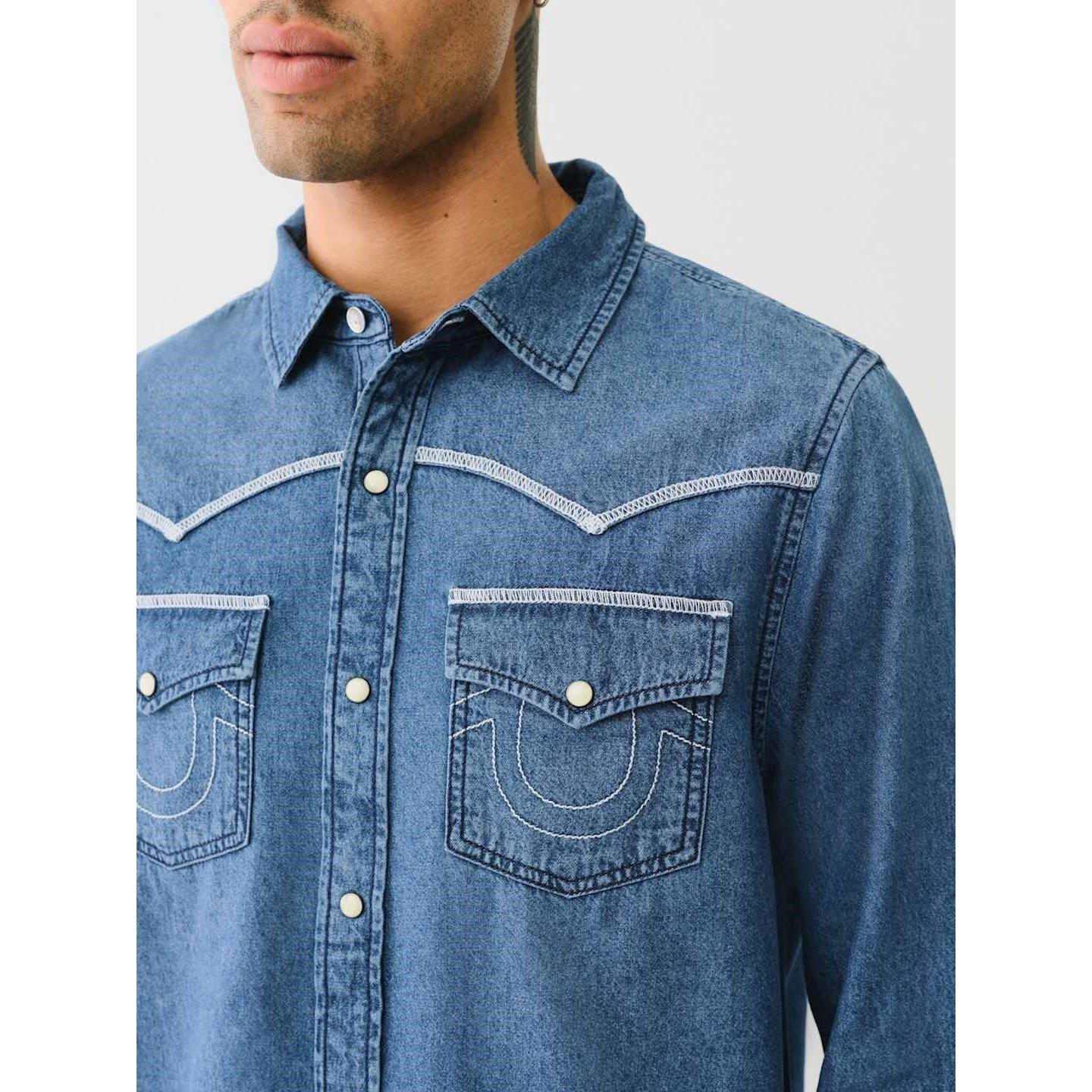 True Religion TR Chambray Long Sleeve Flannel Shirt Mens