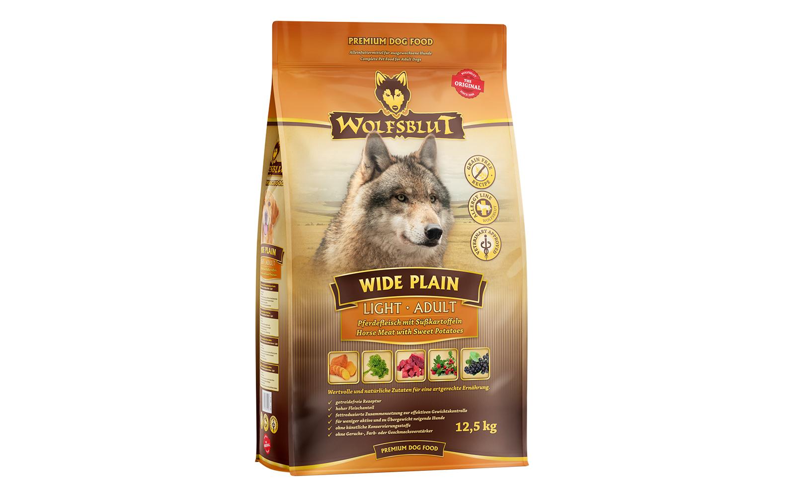 Trockenfutter Dog Adult Light Wide Plain, 12.5 kgAlleinfuttermittel für Hunde mit Pferdefleisch und Süsskartoffeln