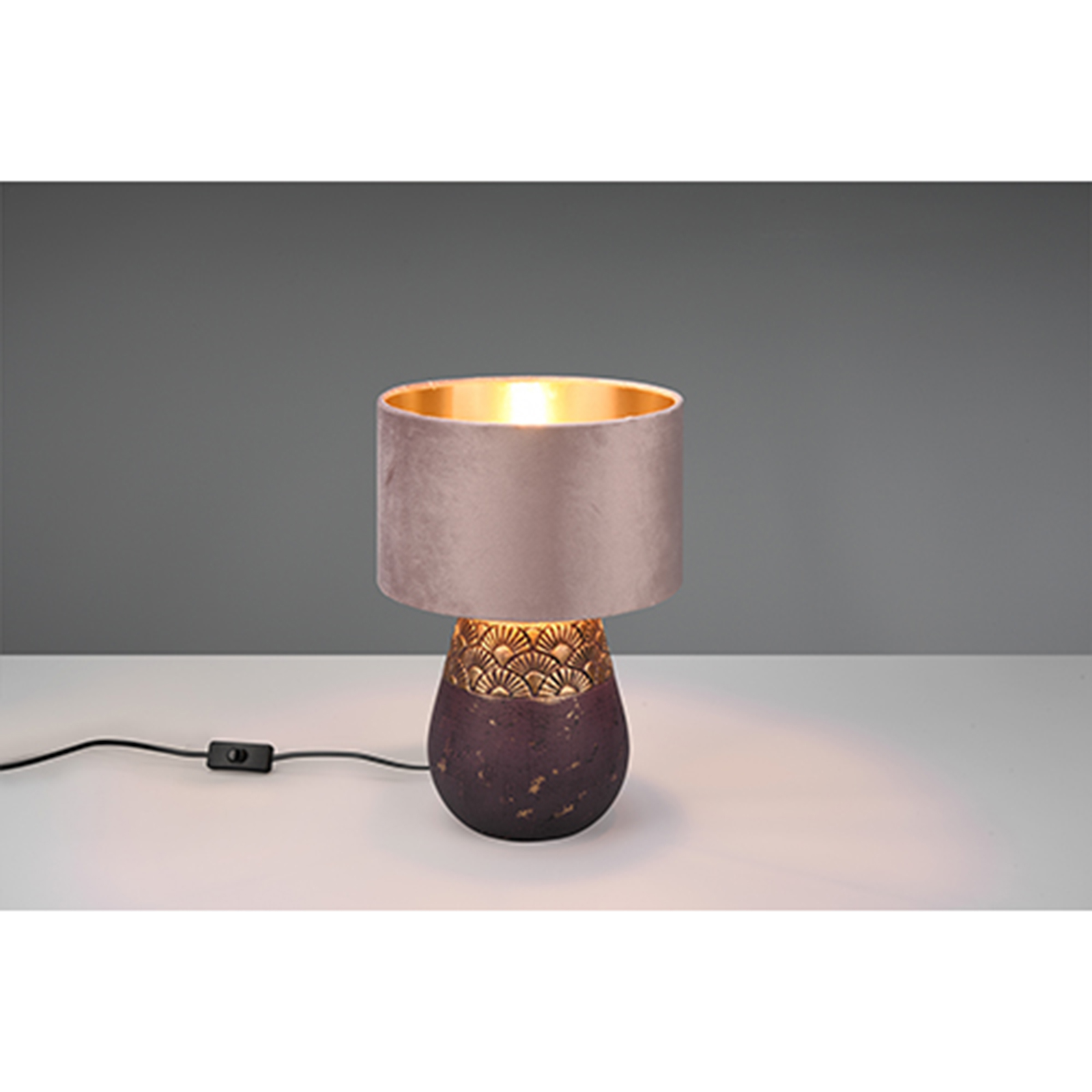 Tischlampe - rosé-braun - Samt - Keramikfuß - 26 cm Ø
