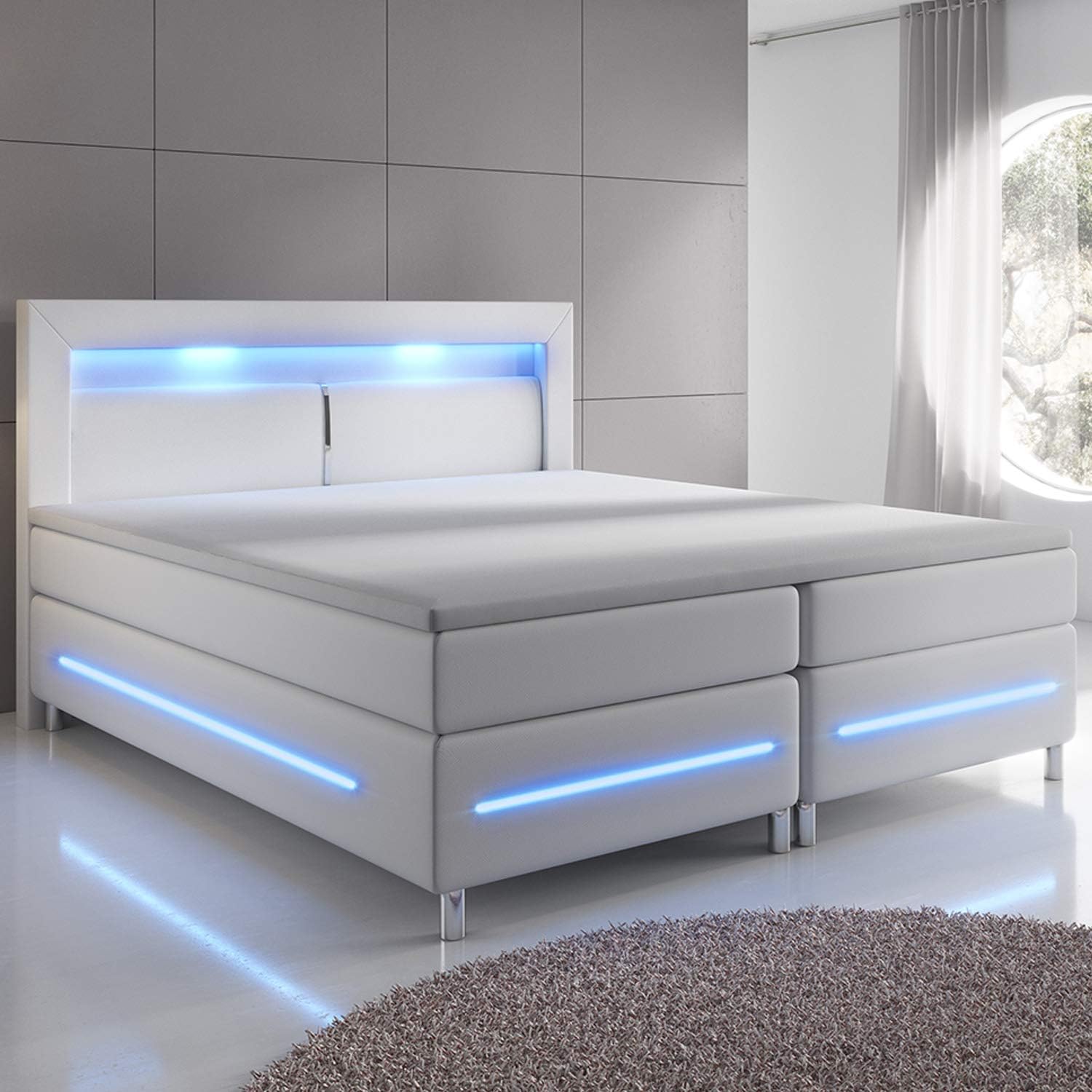 Juskys Boxspringbett Norfolk 180x200 cm - LED Beleuchtung, Bonell Matratze & Topper - 66 cm Komforthöhe - weiß - Bett Doppelbett Polsterbett