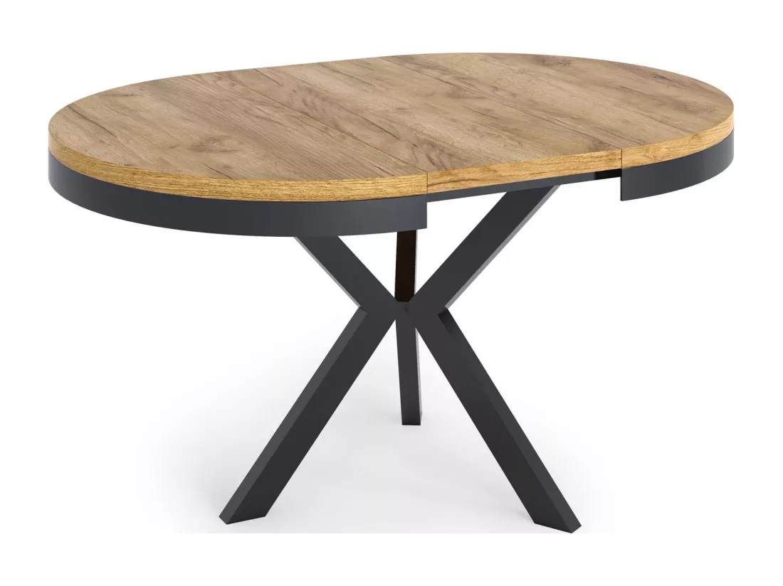 Table à Manger Ronde Extensible Style Loft - Grande Table Industrielle Avec Pieds En Métal - Gain De Place Pour Salon Et Séjour - Chêne Lefkas - 100 à 140 Cm