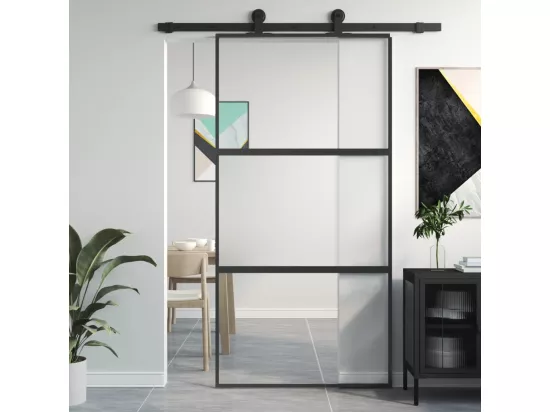 Porte coulissante noir 102,5x205 cm verre trempé aluminium