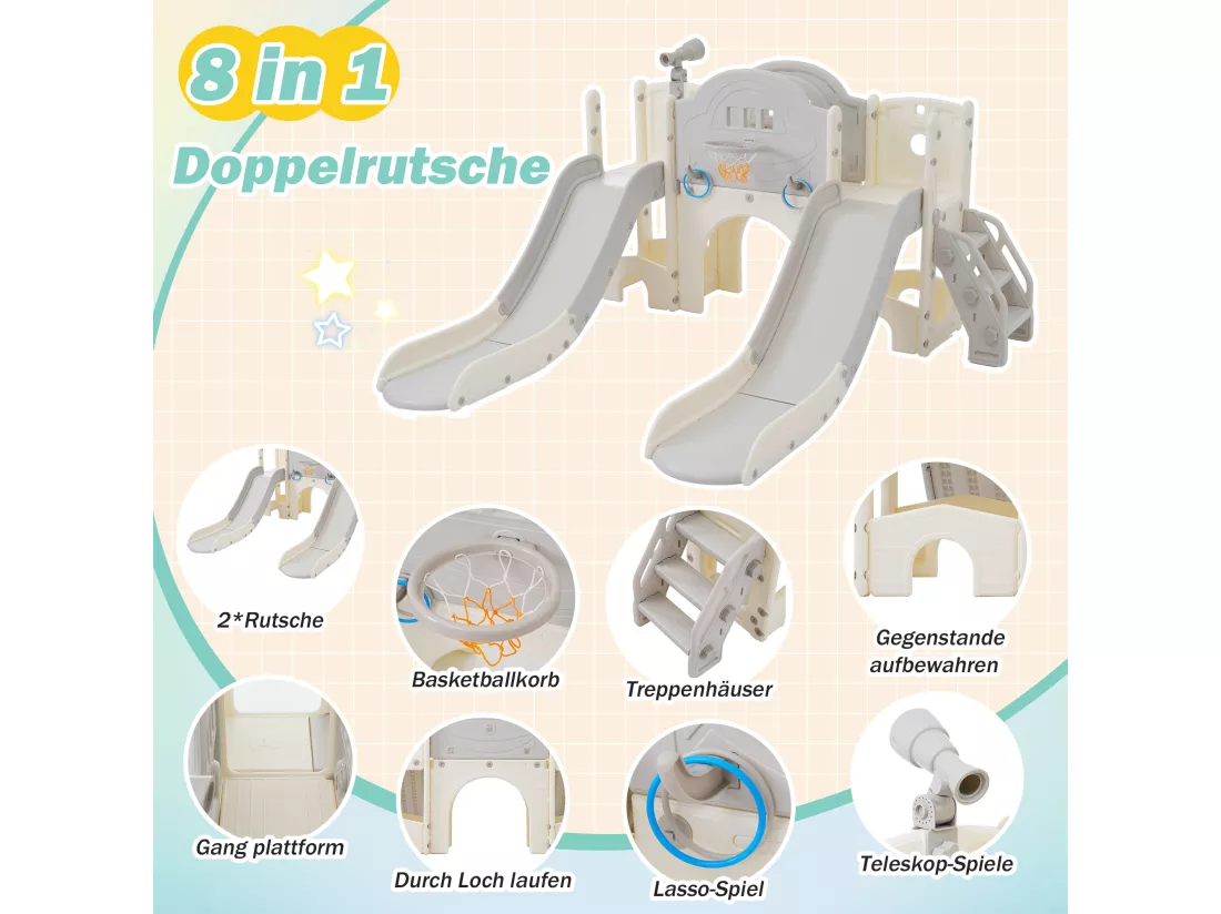 Toboggans double 8 en 1 pour enfants - 200 x 165 x 95cm - en HDPE - avec espace de rangement et panier de basket - gris