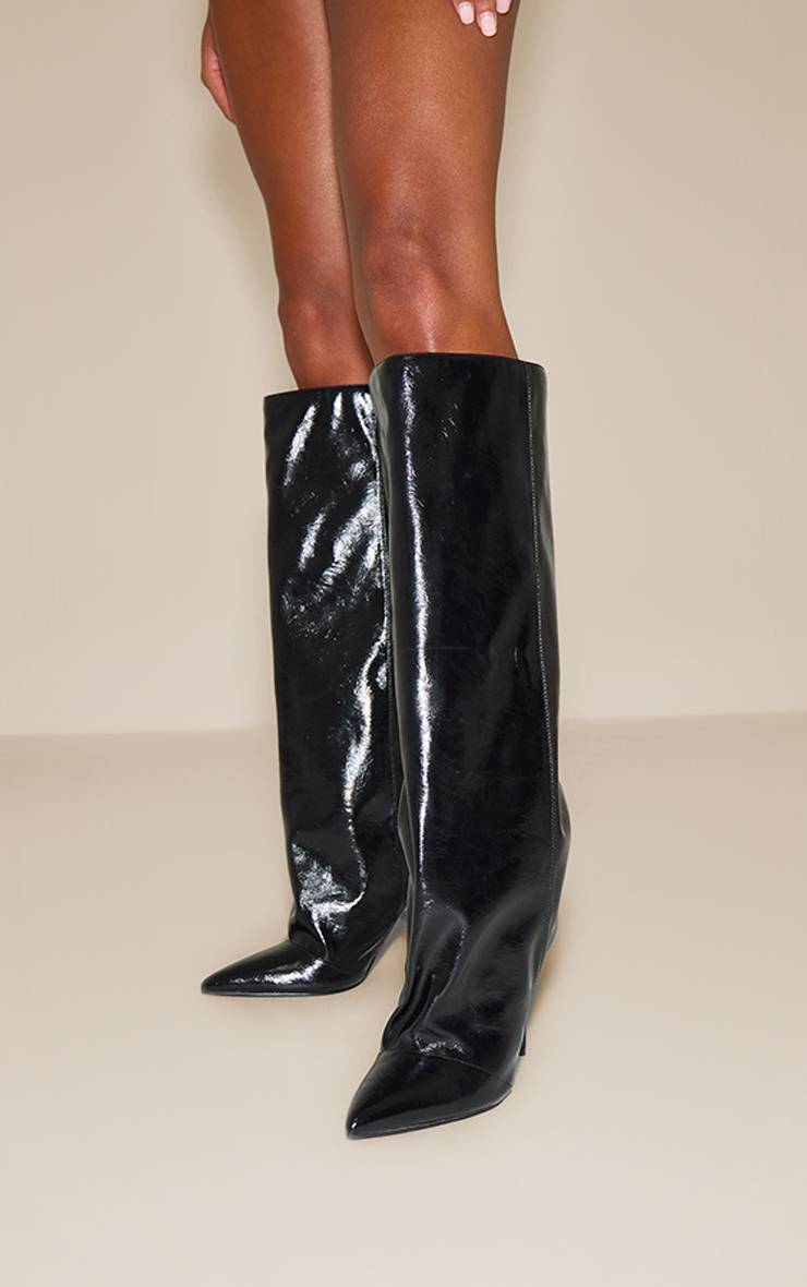 Noir Bottes Au Genou Froncées En Cuir Verni Froissé