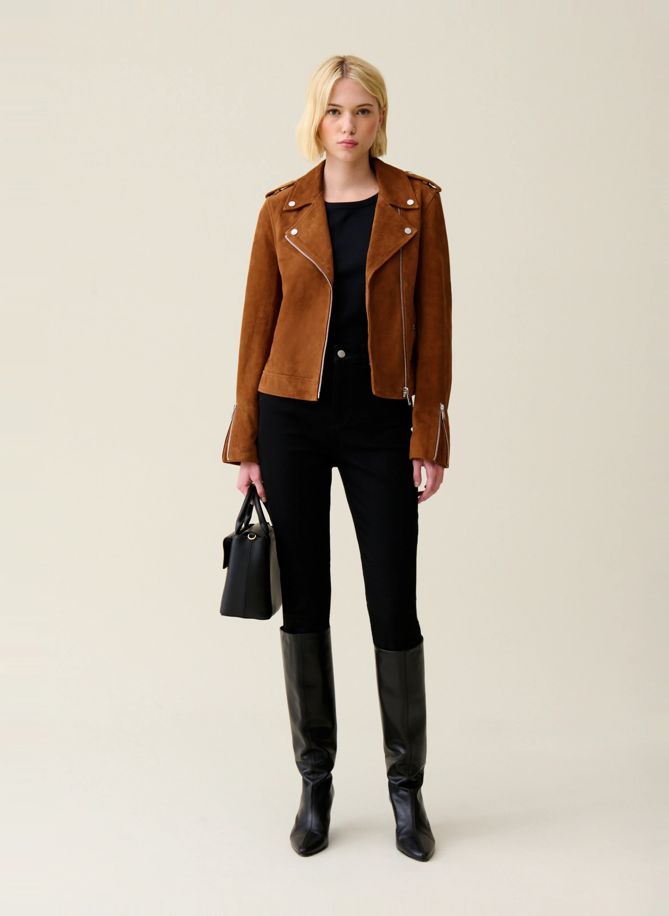 Veste courte en cuir velours | Marron