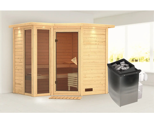 Karibu Limonit modulaire sauna inclusief 9 kW kachel en geïntegreerd besturingssysteem met dakkroon en gebronsde volledig glazen deur