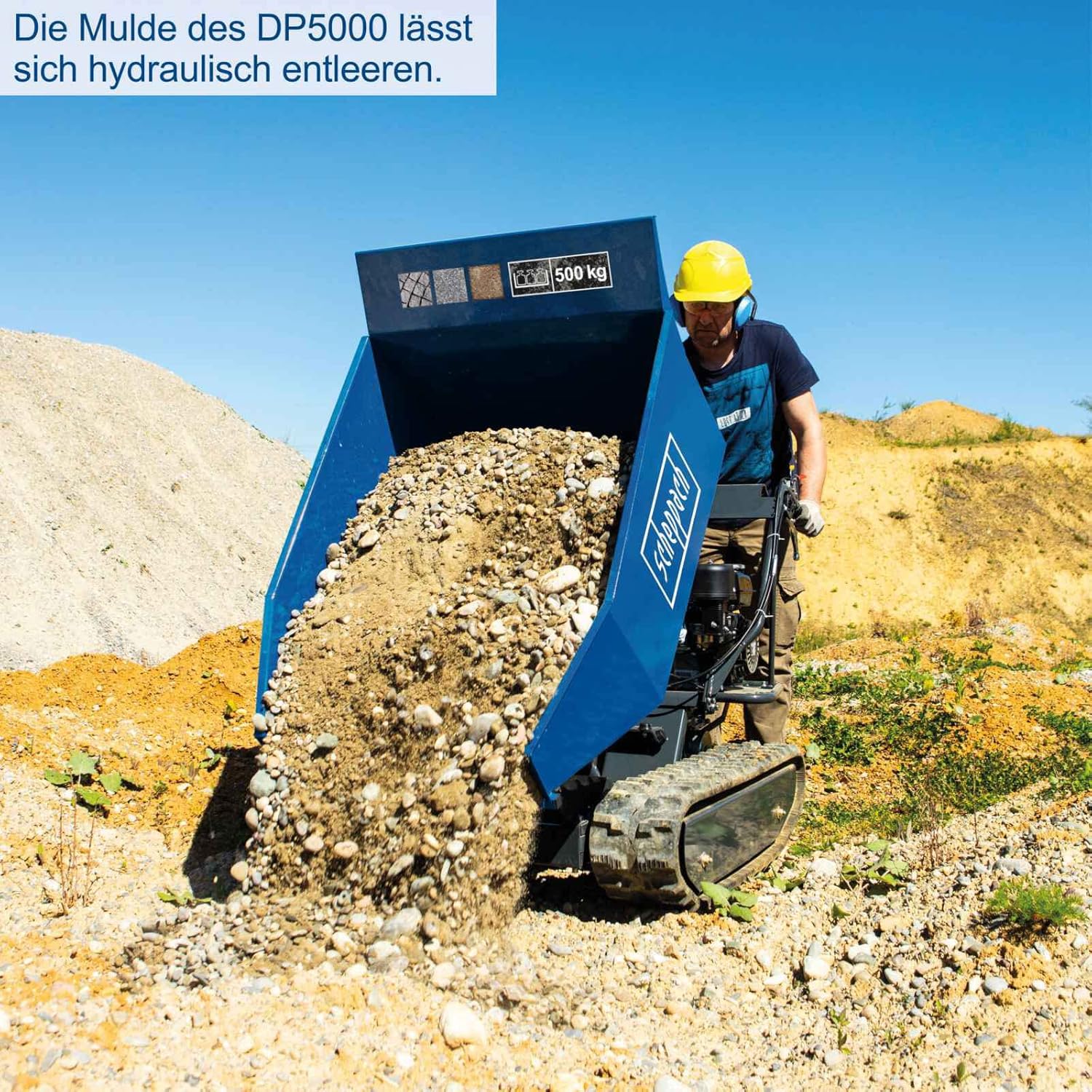 Scheppach Benzin Dumper DP5000 Motorschubkarre Mini Transporter mit Kettenantrieb | 500kg Traglast | 5,6 PS und 196cm³ | 3-Vorwärts-/1-Rückwärtsgang | hydraulischer Kippbehälter – 950 x 680 x 465 mm
