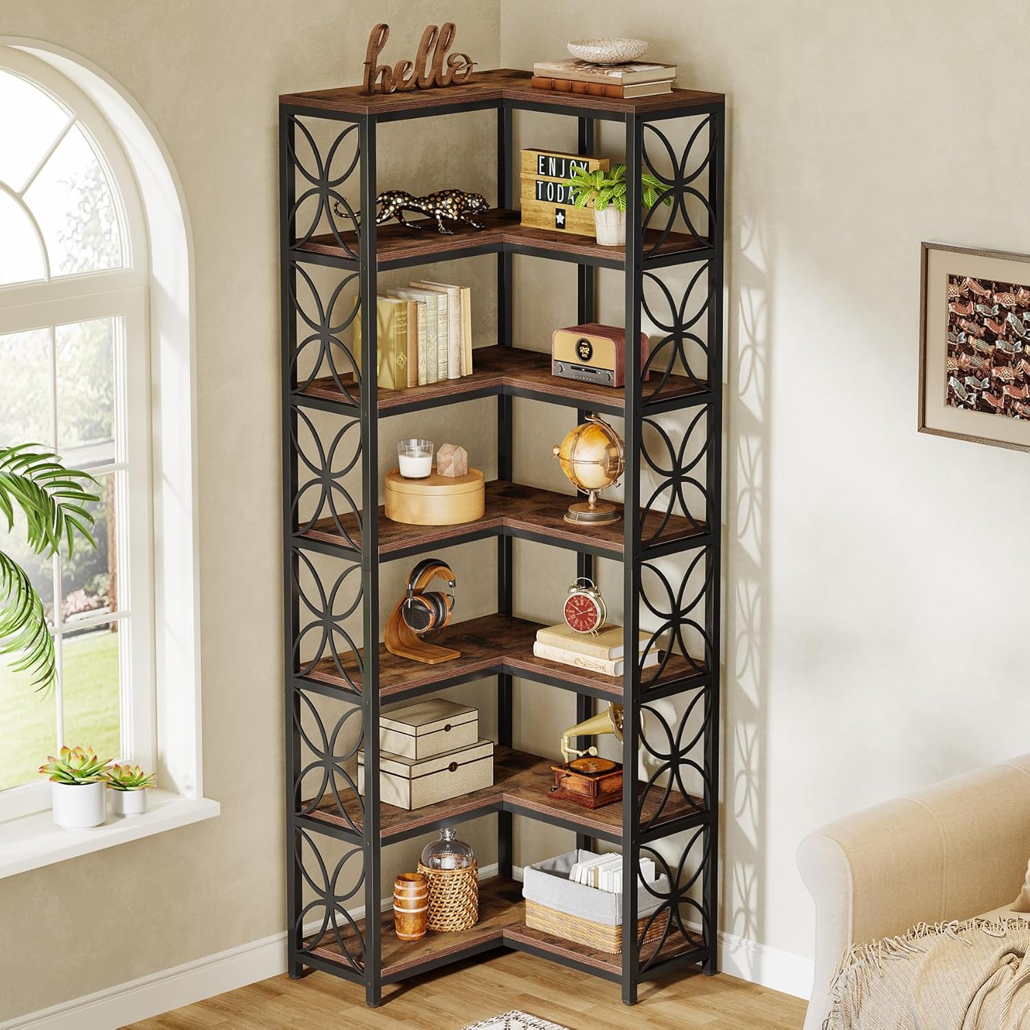 Tribesigns Eck-Bücherregal, 7-stöckiges L-förmiges Eckregal aus Holz mit Metallrahmen, 200 cm Hoch Eckregal Stehend für Wohnzimmer, Küche, Büro, Rustikales Braun & Schwarz