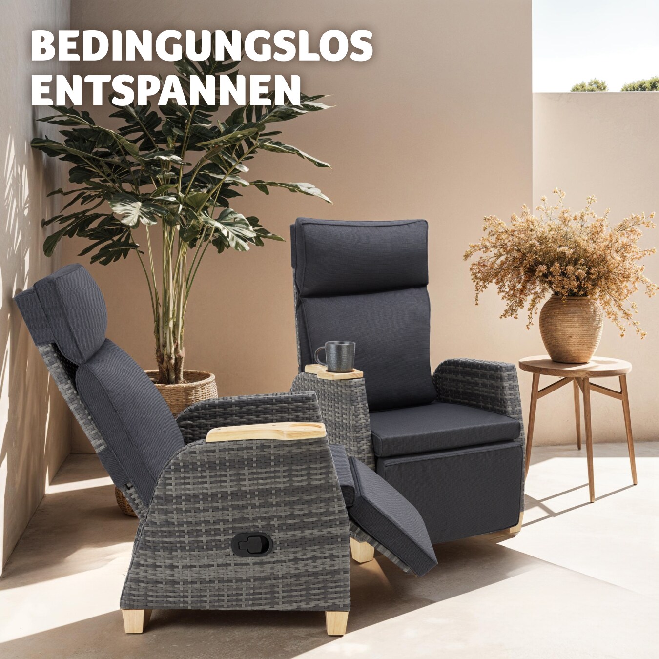 tectake® Rattansessel, mit Aluminiumgestell, verstellbare Rückenlehne und Fußablage, dicke Polsterung, 68,5 x 67 - 128 x 87 - 104 cm