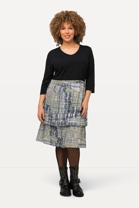 Jerseykleid, Plisseerock, A-Linie, V-Ausschnitt, 3/4-Arm