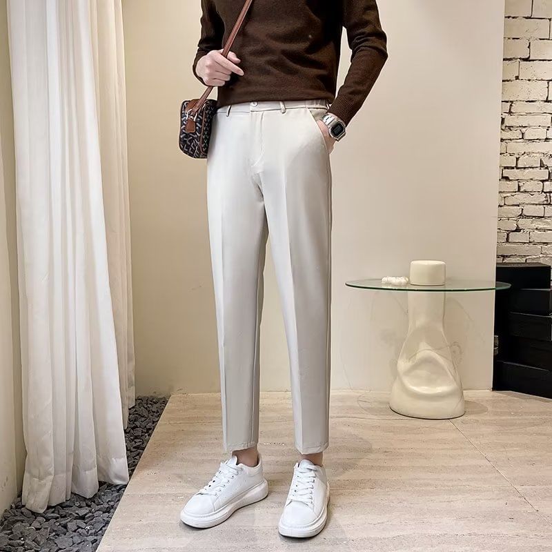 Lingaris - Mid Rise Plain Cropped Straight Leg Dress Pants