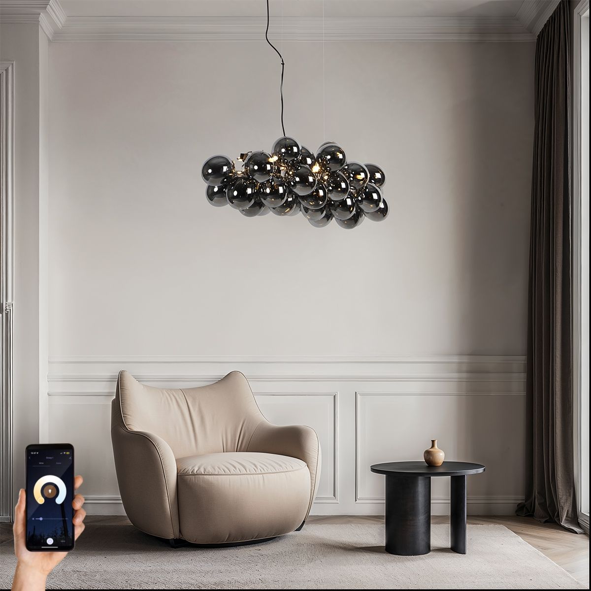 Smart hanglamp zwart met smoke glas 8-lichts incl. 8 Wifi G9 - Uvas