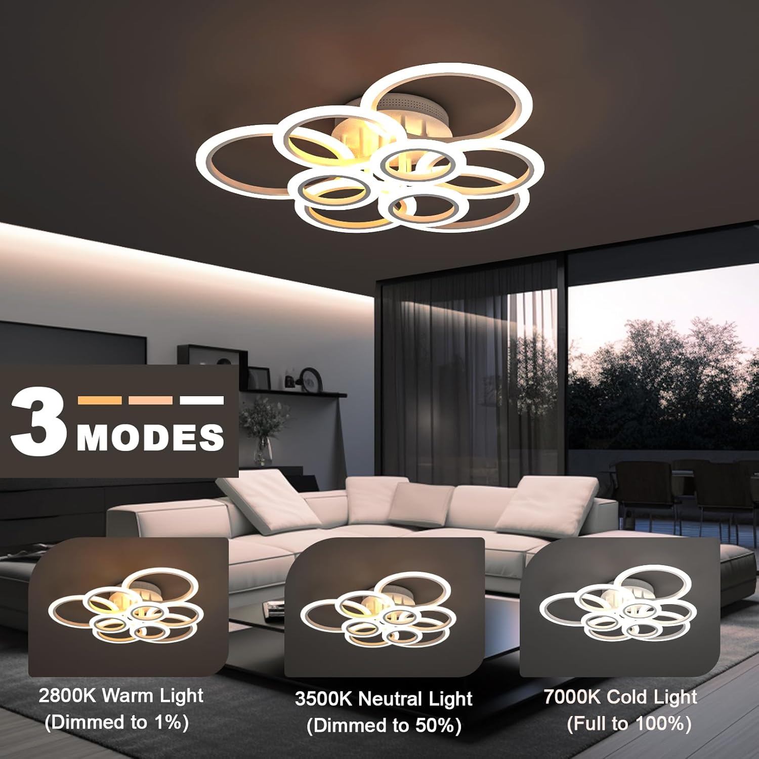 RUYI Modern Deckenleuchte Wohnzimmer mit Fernbedienung 9-Ring, Wohnzimmerlampe Decke 120W 10800LM, Wohnzimmerlampe LED für Wohnzimmer, Schlafzimmer, Küche, Flur, Balkon, Esszimmer, Weiß, 2800-7000K
