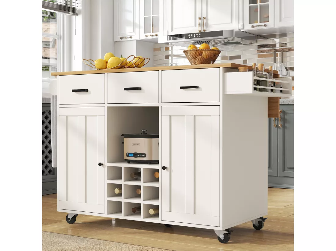 Ilot central de cuisine mobile avec 2 portes, 3 tiroirs et casier à vin 9 bouteuills - Plateau extensible - 124x40/65x91.5 cm - MDF - Blanc