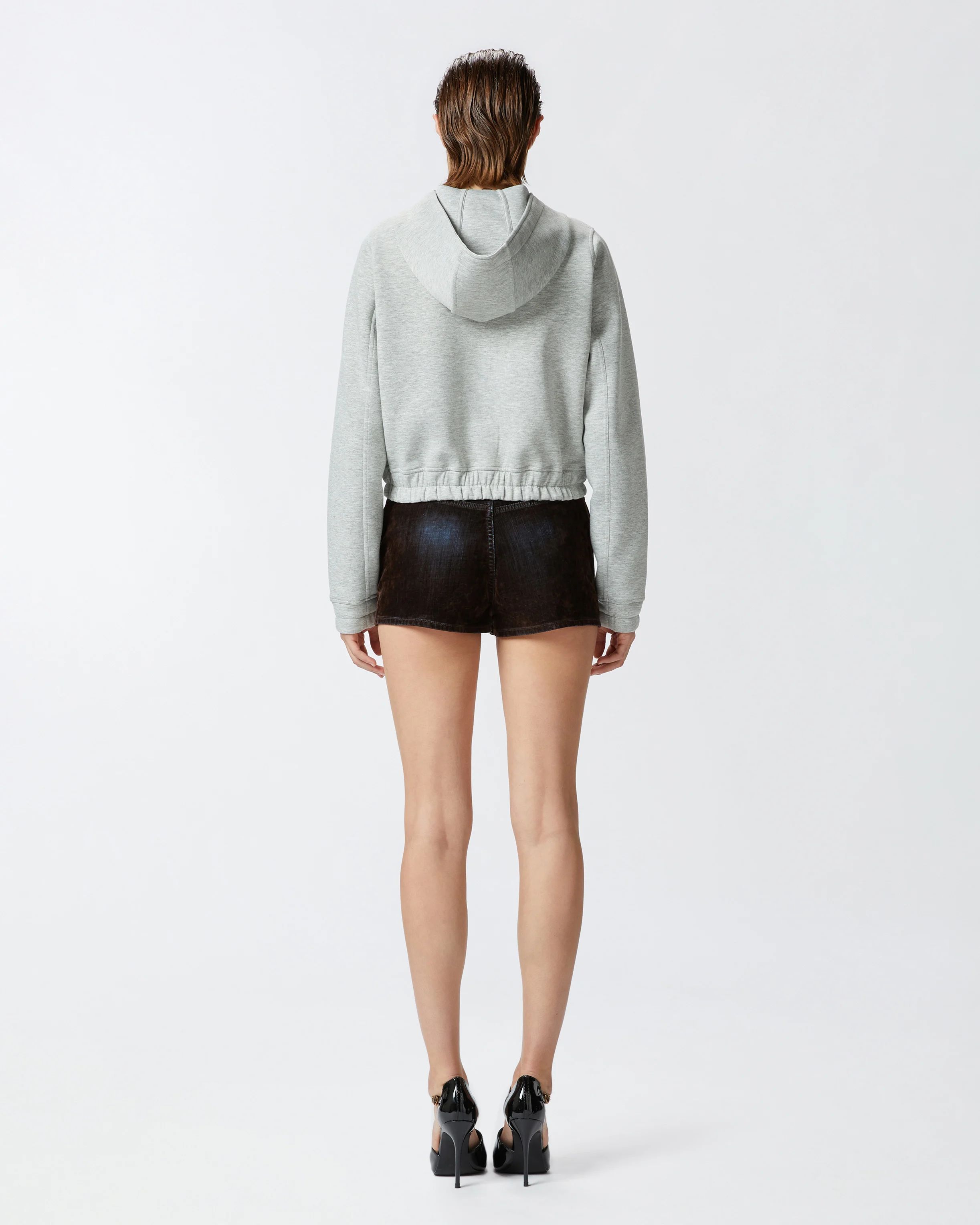 Sweat-shirt court à capuche technique chiné | Gris