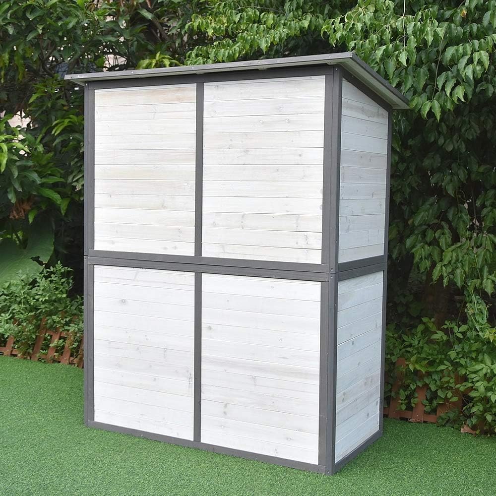 Melko Gartenschrank mit Pultdach und Doppelflügeltür Weiß/Grau Holz Gerätehaus 162 x 140 x 75 cm, inkl. Regal