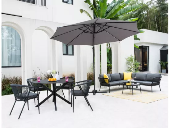 Salle à manger de jardin en aluminium et cordes : une table ronde D.120 cm et 4 fauteuils empilables - Anthracite - PORTOFINO de MYLIA
