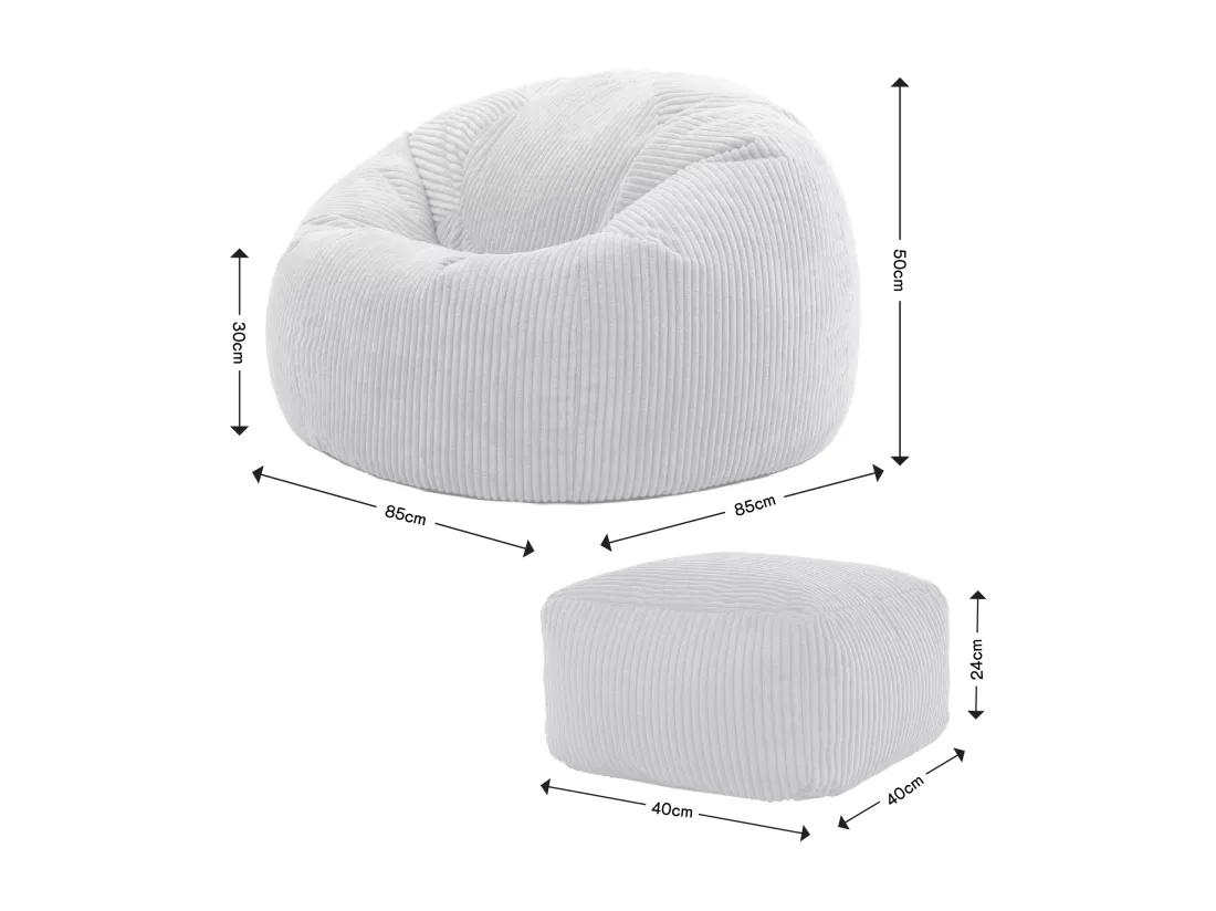 Pouf classique et son repose-pied velours côtelé, gris - KINGSTON