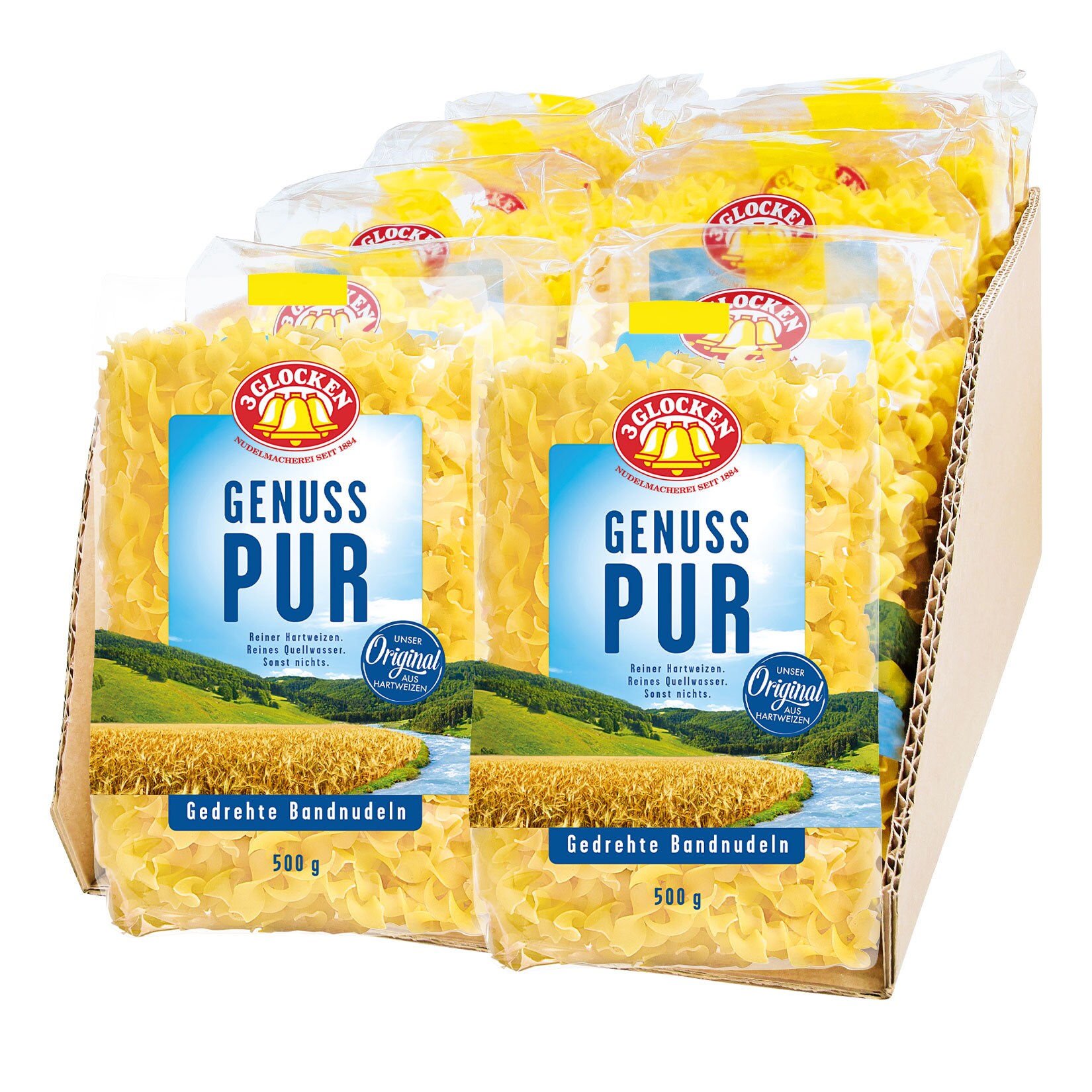 3 Glocken Genuss Pur Gedrehte Bandnudeln 500 g, 10er Pack