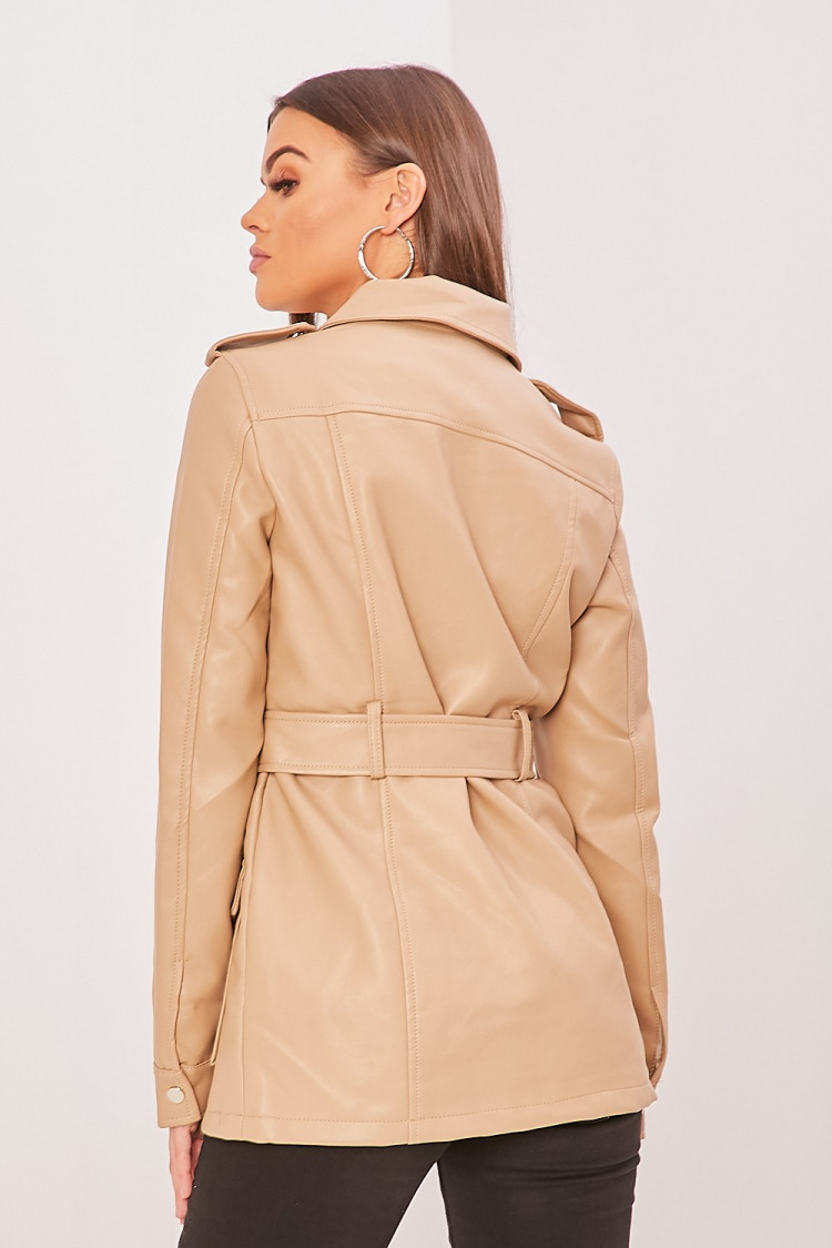 Veste en simili cuir beige à multipoches