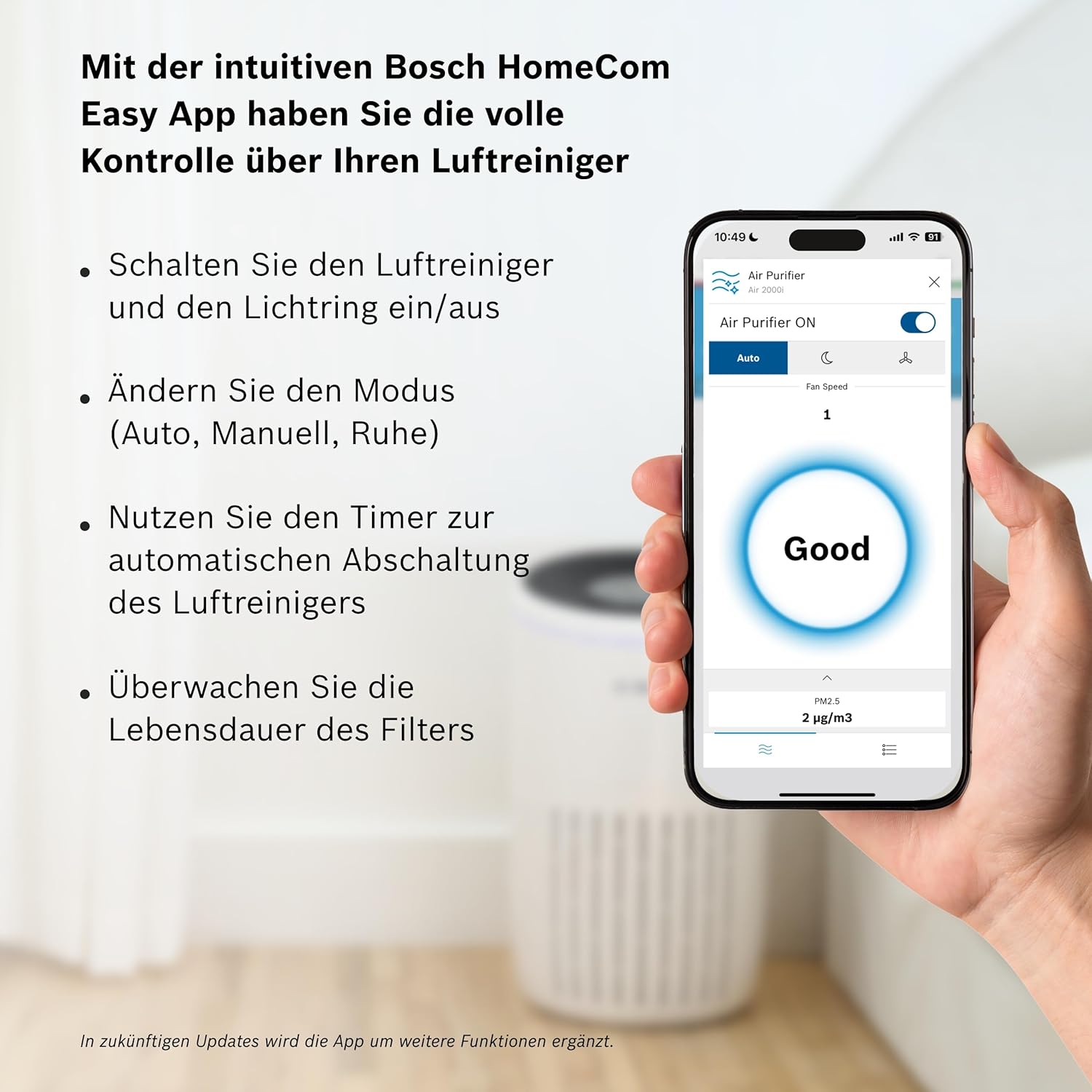 Bosch Air 2000i App-gesteuerter Luftreiniger - Für Räume bis zu 37,5 m² - Entfernt Schadstoffe - Mit 3-in-1 Luftfilter, Smart Sensor, Automatikmodus, Ruhemodus (< 25 dB(A)) - CADR: 180 m³/h