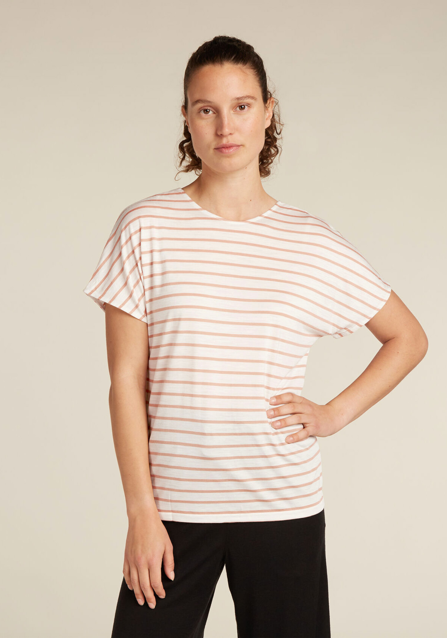 Icebreaker Damen-T-Shirt Drayden Reversible SS Top Stripe Ecru Hthr/Desert Sand/S