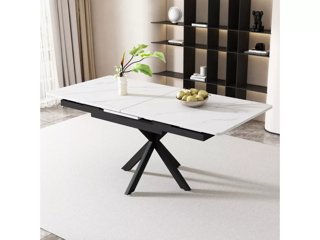 Table à manger extensible 150/180cm - 4 à 8 personnes - Effet marbre blanc en MDF et pieds noir en métal